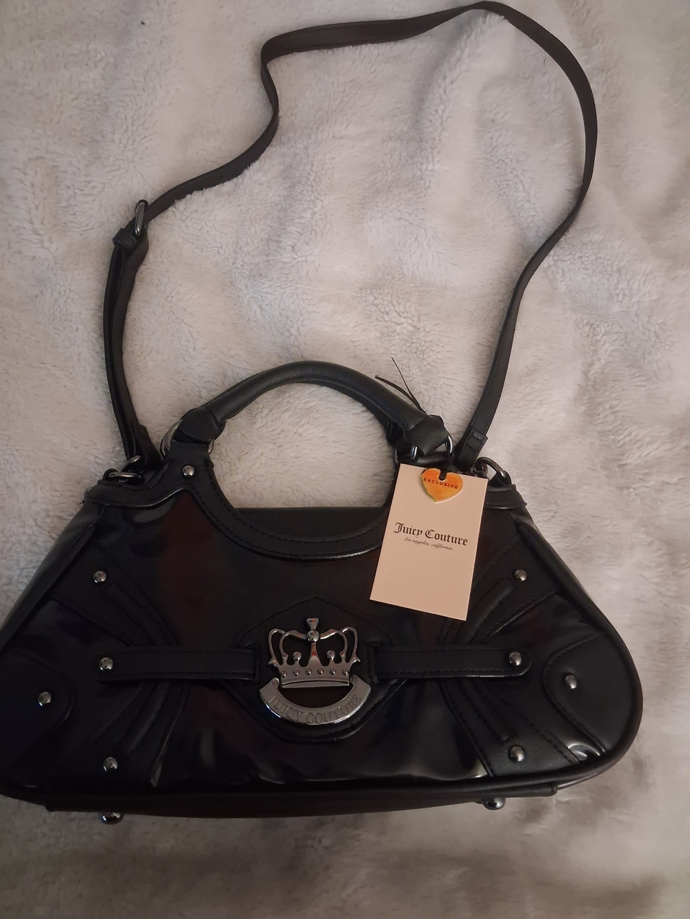 Juicy Couture Black Patent Shoulder Bag with Crown Emblem
